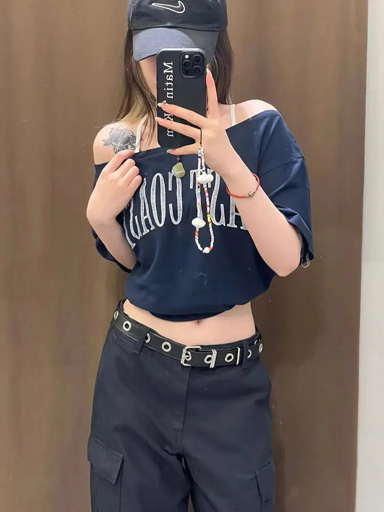 Y2k Vintage Summer Off shoulder Oversize T Shirt Women Short sleeve Korean Chic Crop Top Youth  Elegant Blouse Female Clothing image 3