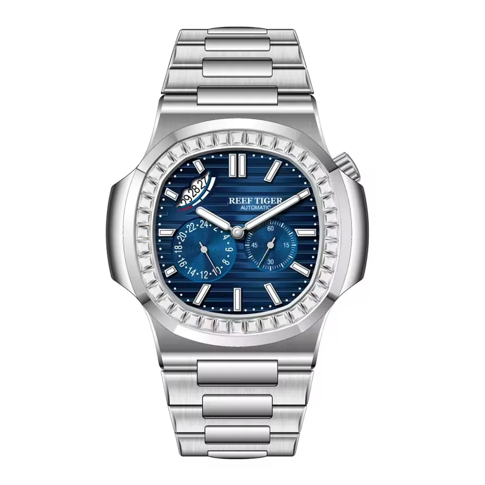 Reef Tiger Men Automatic Watch 44mm Square Mechanical Wristwatch Sapphire Luminous Multi-dial Date 24 Hours