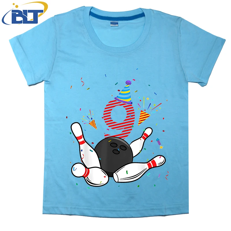 9th Birthday Bowling printed kids T-shirt, summer cotton short-sleeved casual top, suitable for both boys and girls