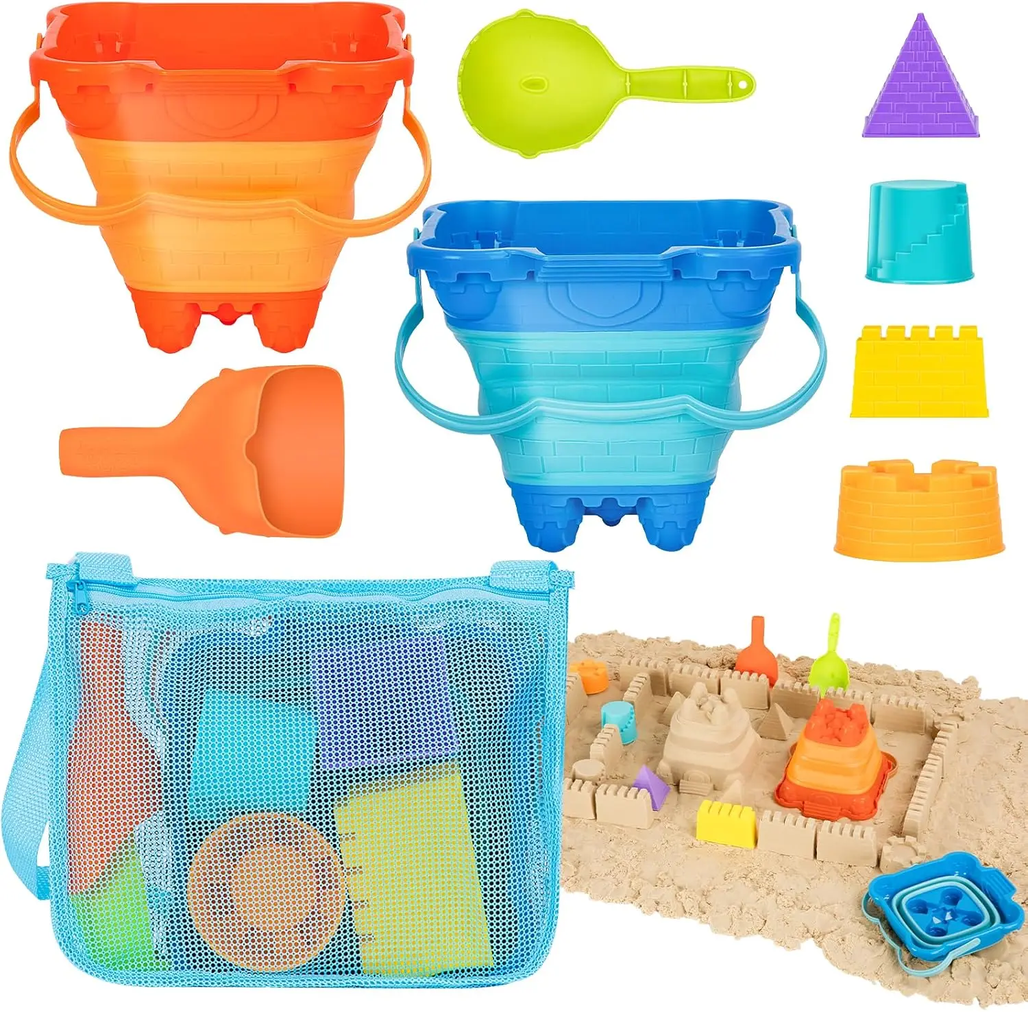 

9pcs Collapsible Beach Sand Toys Set: Foldable Buckets, Shovels, Castle Molds & Mesh Bag for Kids Ages 3-12