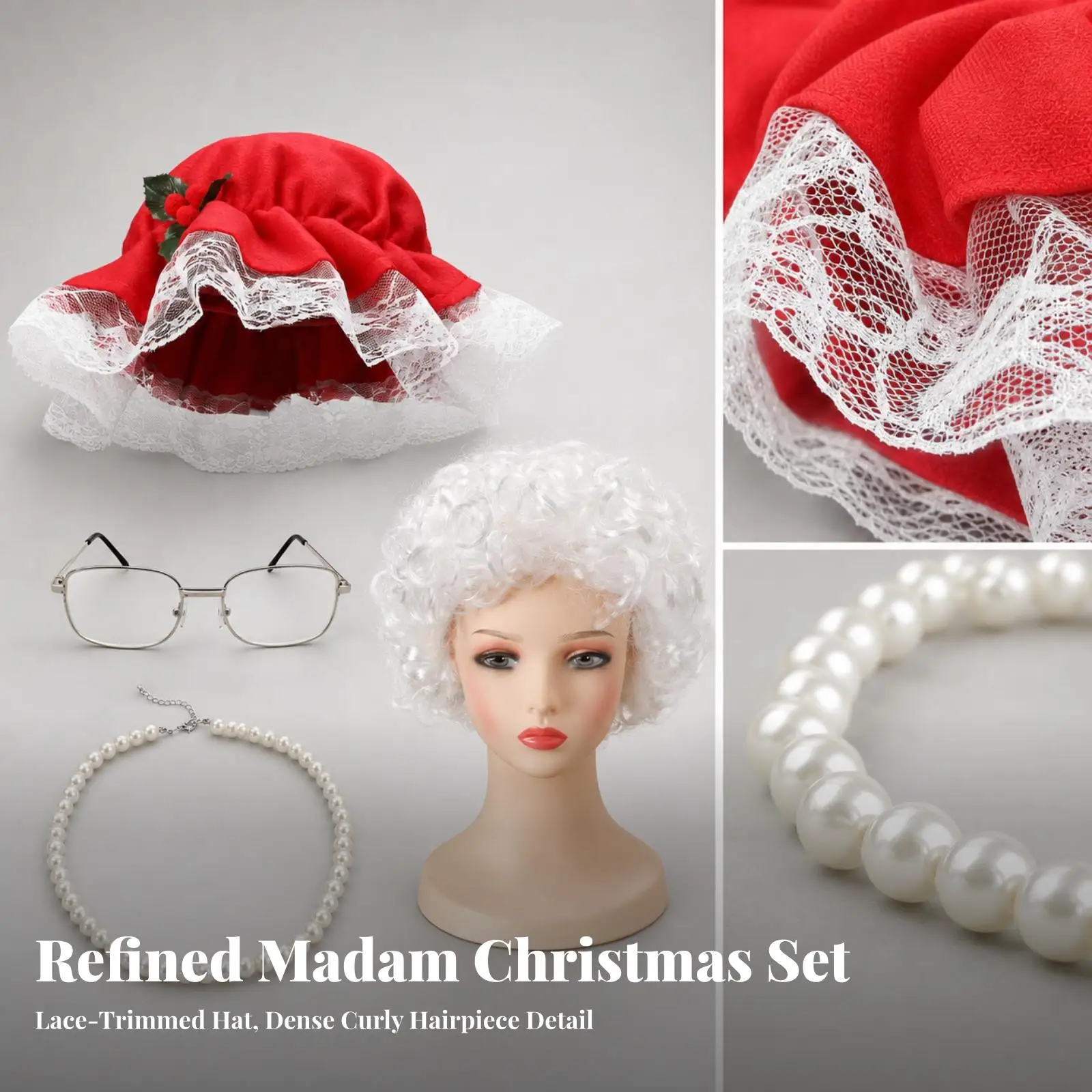 4 Pieces Christmas Costume Accessory Kit Playful Holiday Cosplay, voluminous Curled Texture, Santa Hat with hairpiece and