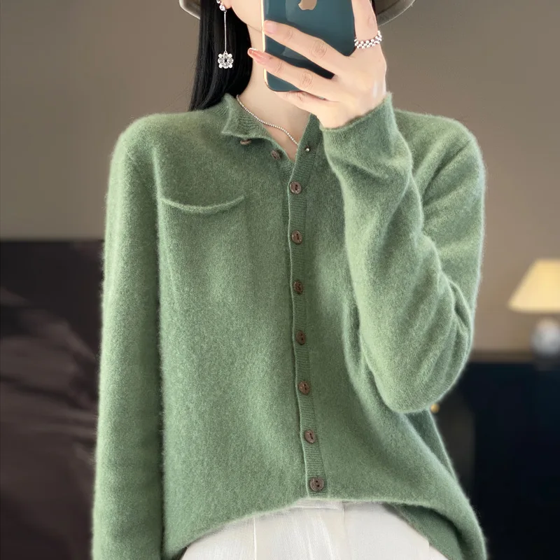 

Кардиган из 100% чистой шерсти с карманами и пуговицами для женщин, осень-зима, однотонный французский модный свободный вязаный кардиган с длинными рукавами, топ