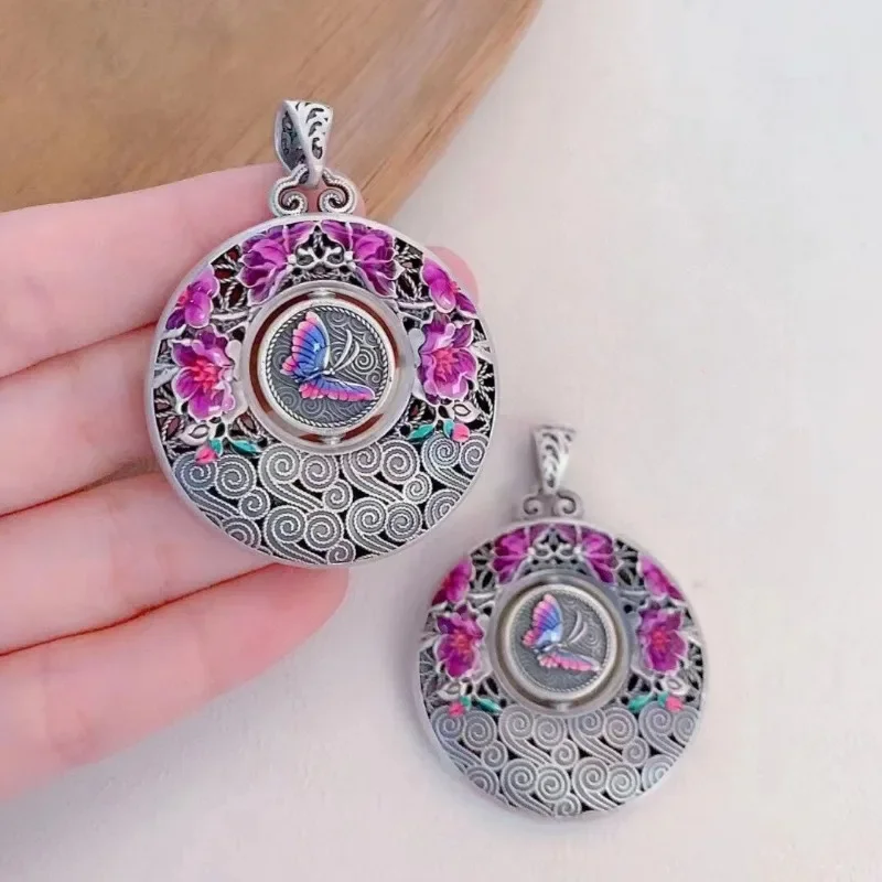 925 Silver Archaic Rhyme Pink Purple Flower Butterfly Pendant Enamel Round Necklace for Women Chinese Style Accessories Jewelry