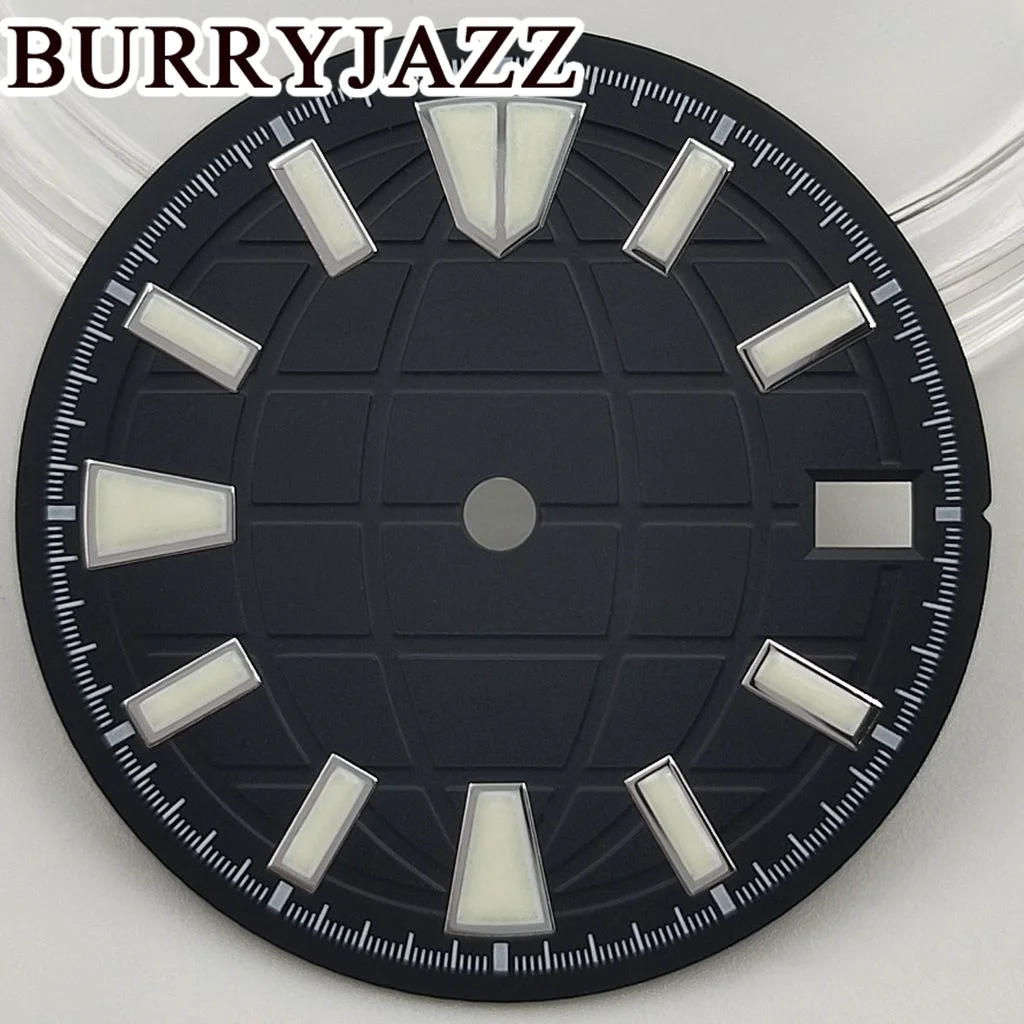 BURRYJAZZ 28.5mm No Logo NH35 Watch Dials Black Blue Dial Green Luminous Fit 3 O'clock 3.8 O'clock Case Crown