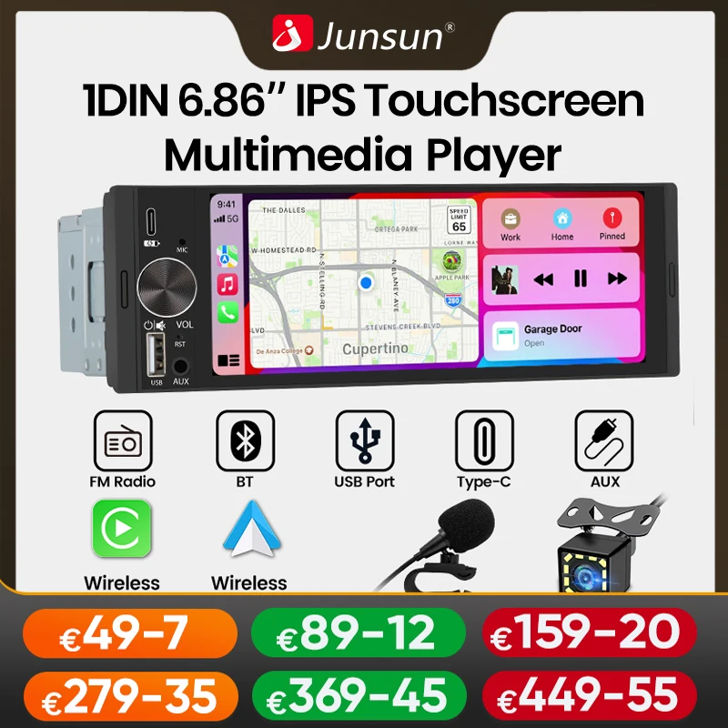 Junsun 6.86 Inch Universal 1 Din Car Stereo Radio MP5 Player Wireless Carplay Android Auto BT SWC FM USB Type-C Plug Autoradio