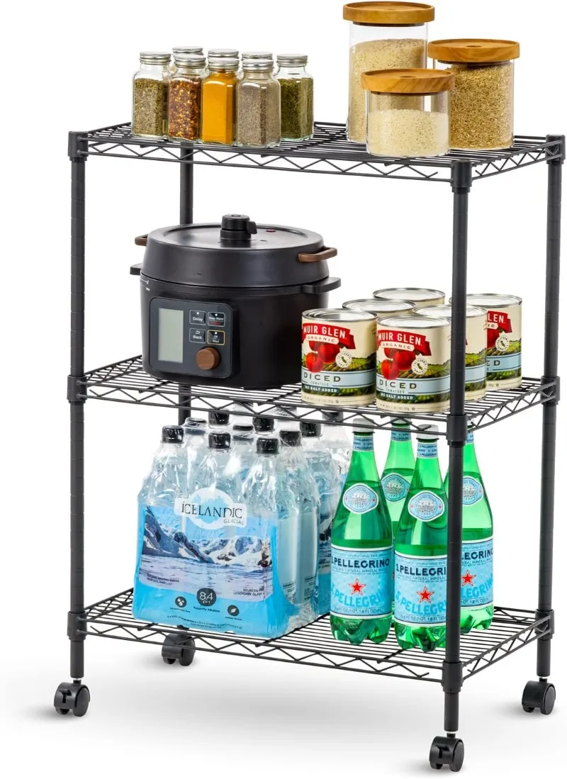 USA 3-Tier Adjustable Steel Storage Rack with Removable Locking Casters (Up to 600 lbs Loading Capacity), Easy Assembly Wire