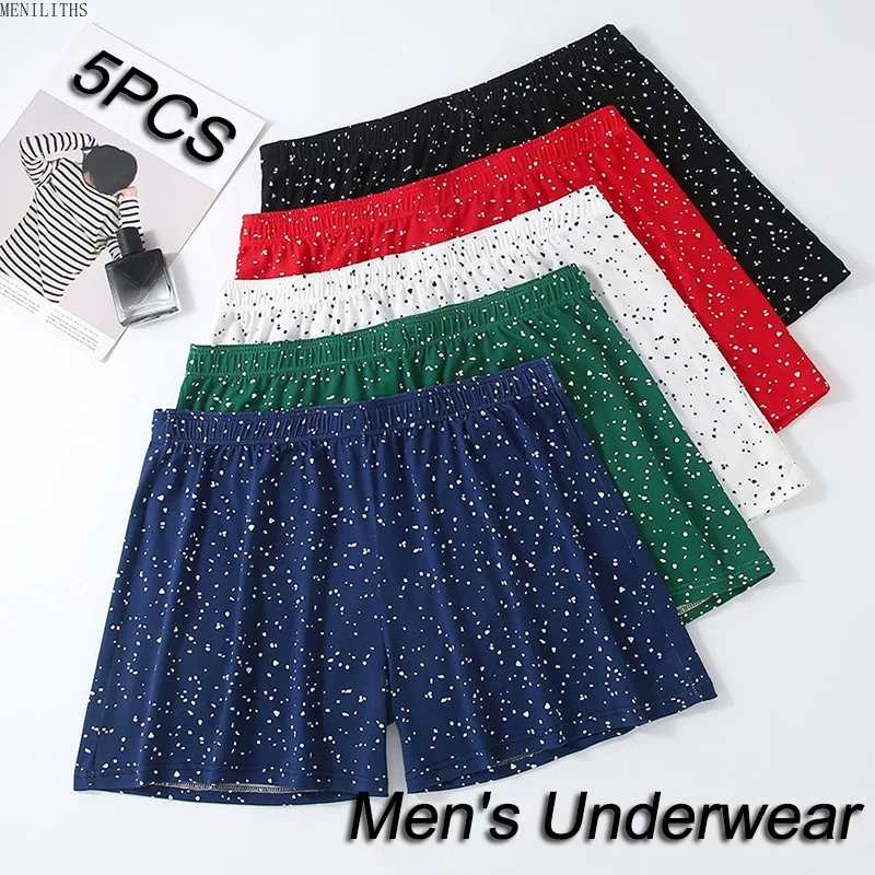 5-Piece Set Of White Spotted Printed Long Boxer Shorts, Soft And Comfortable Loose Underwear, Men's Casual Aro Pants