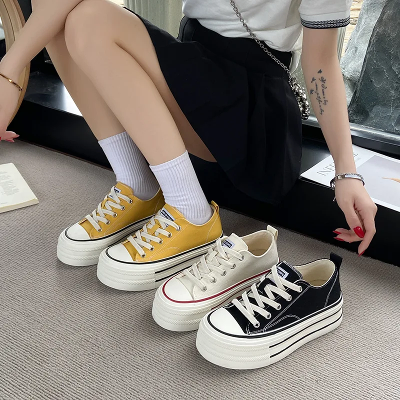 

Fashionable Thick-soled Height-increasing Sneakers for Women, Spring/Autumn 2025 New Low-top Canvas Lace-up Casual Women's Shoes