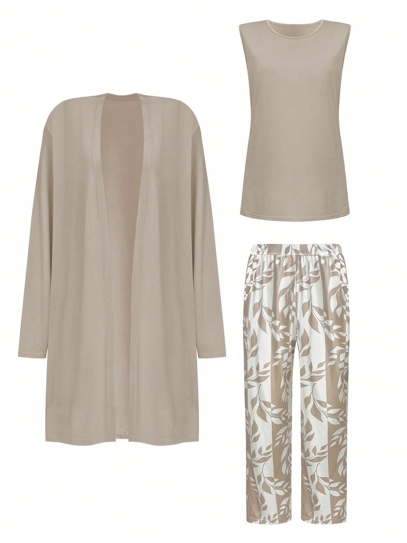 

3pcs Women Casual Loose Printed Wide Leg Pants Long Sleeve Cardigan Tank Top Set