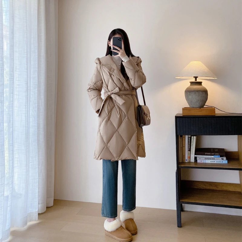 

Winter New Puffer Coats Women's Outerwears Simple Solid with Belt Parker Thickened Hooded White Goose Down Jackets for Women