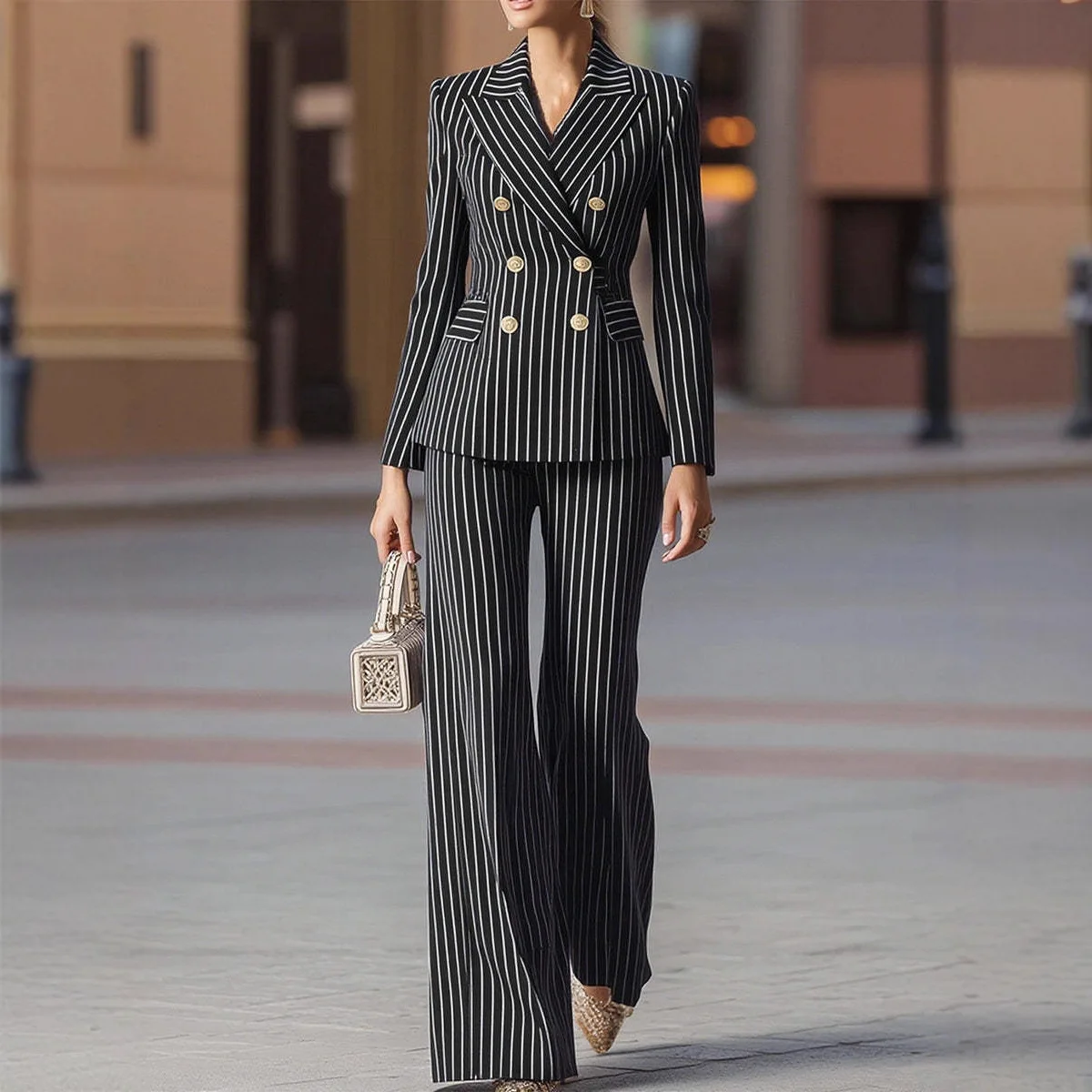 

Women's 2 Piece Striped Suit, Double Breasted Blazer and Wide Leg Pants Set, Formal Business Office Wear