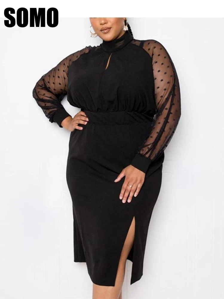 

SOMO Plus Size Women Fashion Dress Elegant Paneled Round Neck Solid Color Long Sleeve Loose Lace Dress Wholesale Dropshipping