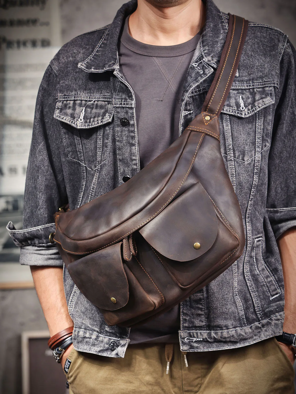 

Organizers designers handmade crazy horse cowhide men's chest bag outdoor casual sports luxury genuine leather shoulder bag