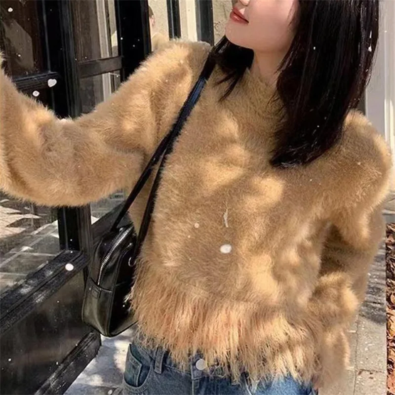 Korejpaa Women Sweaters 2024 Autumn Winter Japan Style Gentle Imitation Mink Plush Pullover Knitted Pull Femme Short Top