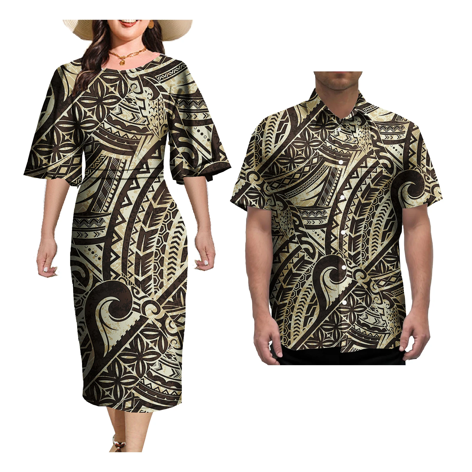 Couple Outfit Sets Elegant Dresses Women Sexy Skirt Samoa Tattoo Printed Polynesian Casual Dress Matching Men Shirts