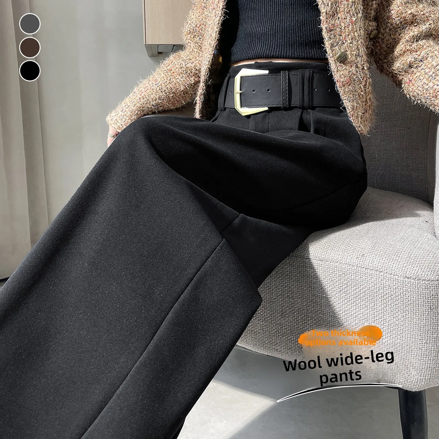 ارتفاع الخصر Fce اصطف الصوفية واسعة الساق السراويل النسائية دعوى عادية مستقيم الساق الطابق طول بنطلون الخريف الشتاء Faion #4