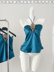 Summer Women French Vintage Gyaru Luxury Satin Camisole Coquette Hot Sexy Gyaru Crop Tops Coquette 2000s Aesthetic Design Cute