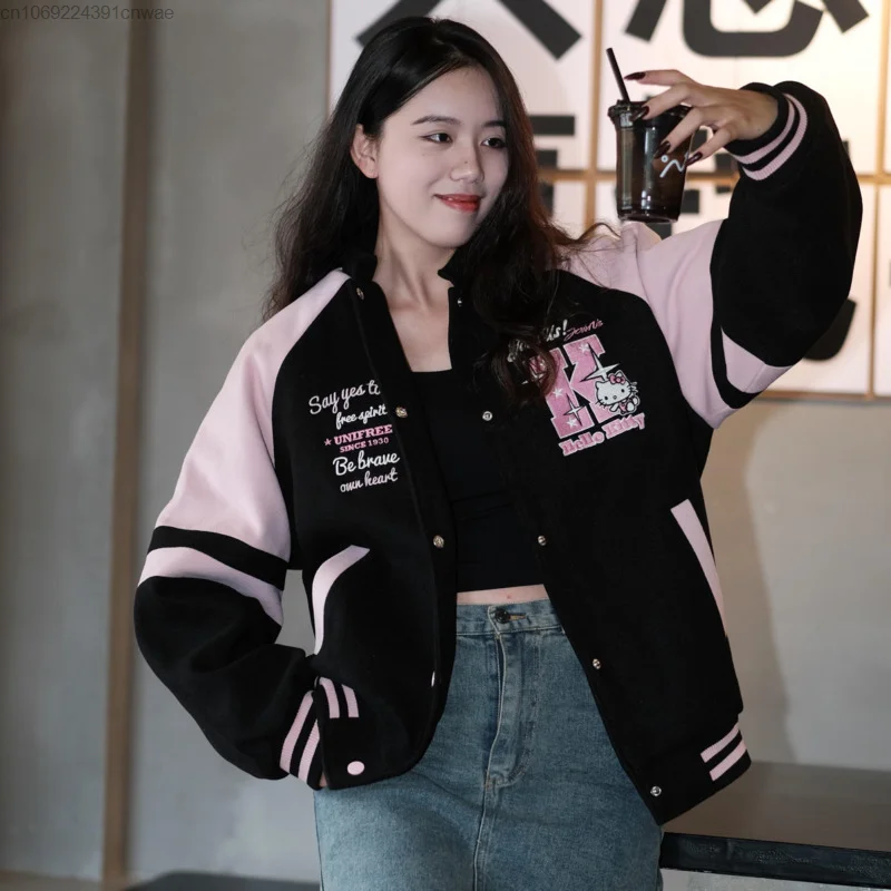 Sanrio Hello Kitty Bomber Coat Y2k Girls Autumn Winter Cute Anime Cartoon Embroidered Baseball Jacket Hip Hop Streetwear Women