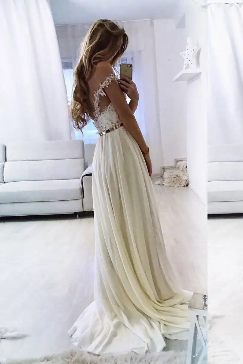 White New Evening Dresses A-line Chiffon Split Sexy V-neck Spaghetti Strap Applique Laces Sweep Train Prom Dress robe de soiree