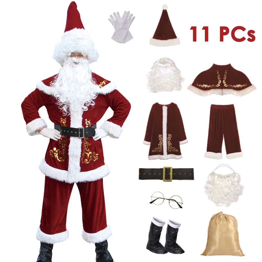 Santa Claus Costume Christmas Complete Dress Up Outfits For Men New Year Christmas Eve Cosplay Family Party Clothes 5-10 PCs SET