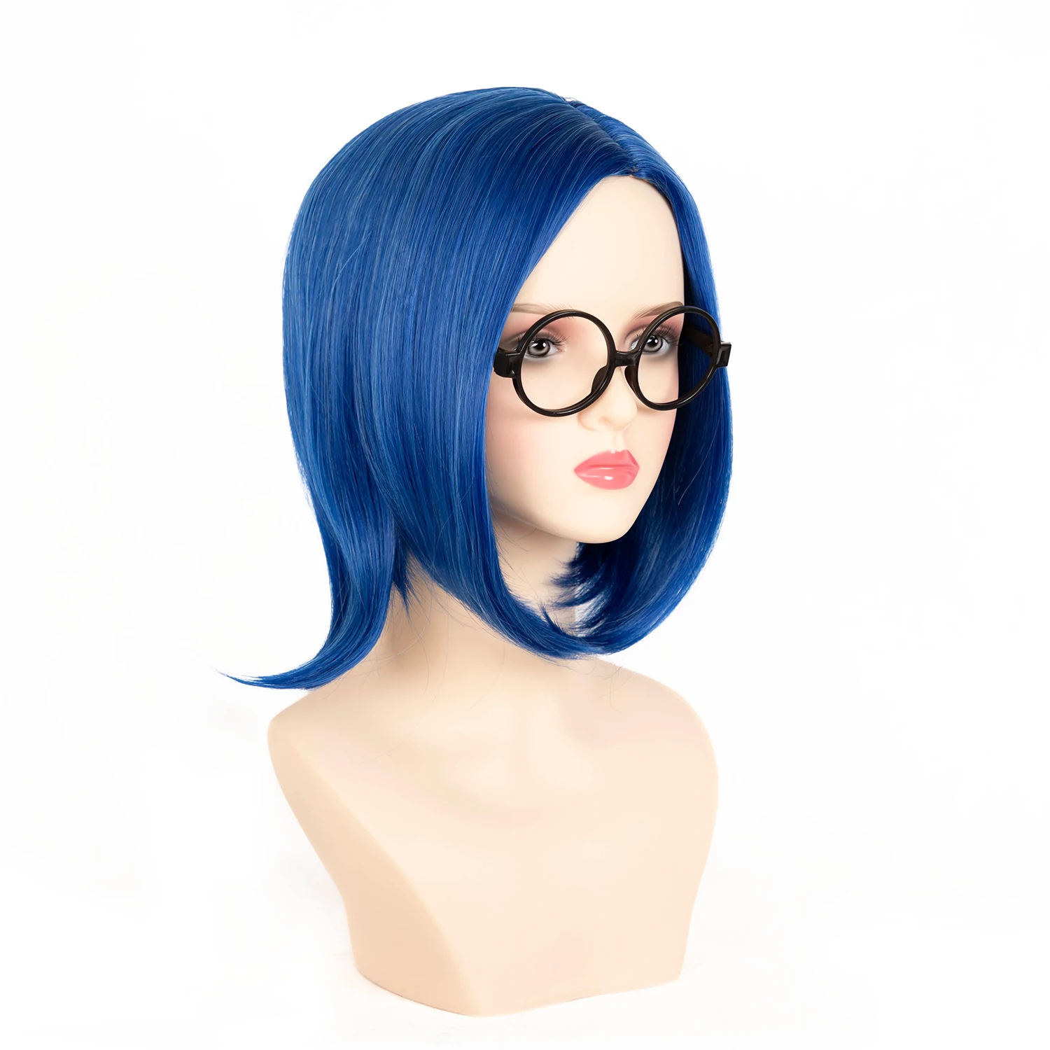 Perruque Bob courte bleue + lunettes noires + bonnet de perruque bleu Anime émotion Cosplay Costume perruques avec frange partie latérale cheveux synthétiques
