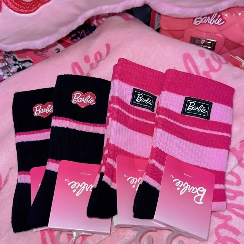 Miniso New Fashion Knitted Mid Tube Pink Barbie Series Women's Non-Slip Socks Black and White Socks