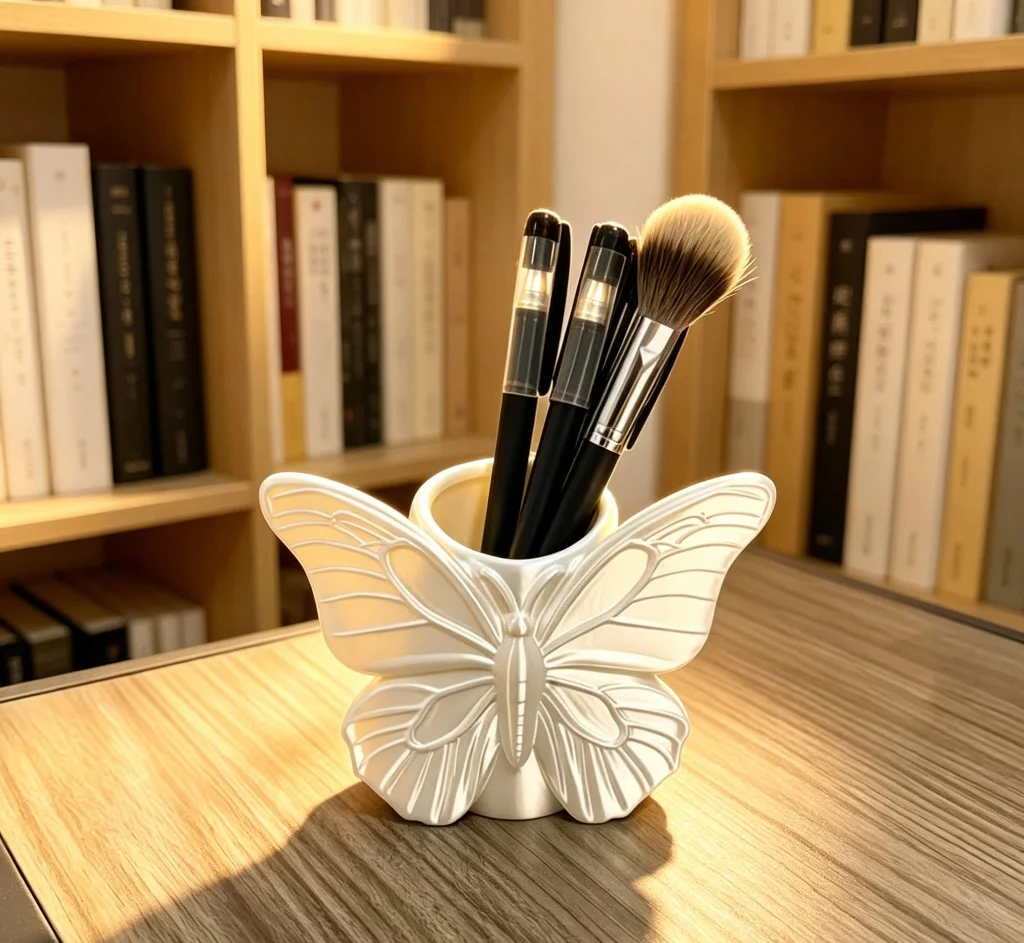 White Butterfly Makeup Brush Holder 3D Printed Plastic Desk Organizer Storage Cup For Vanity Home Decor Gift