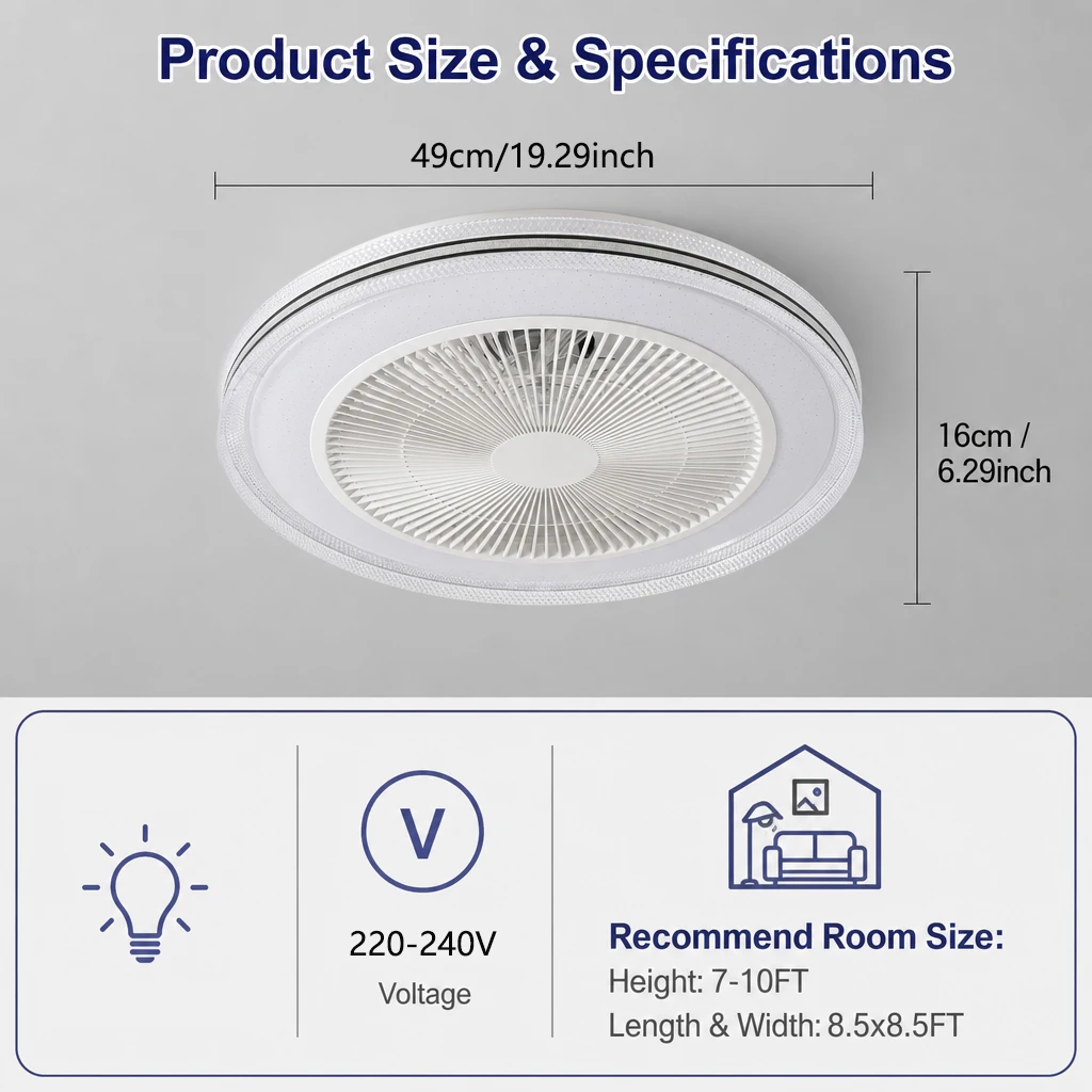 ceiling fan, Low Profile Ceiling Fans With Lights, LED RGB Ceiling Fan, Remote Control Enclosed Flush Mount Ceilin