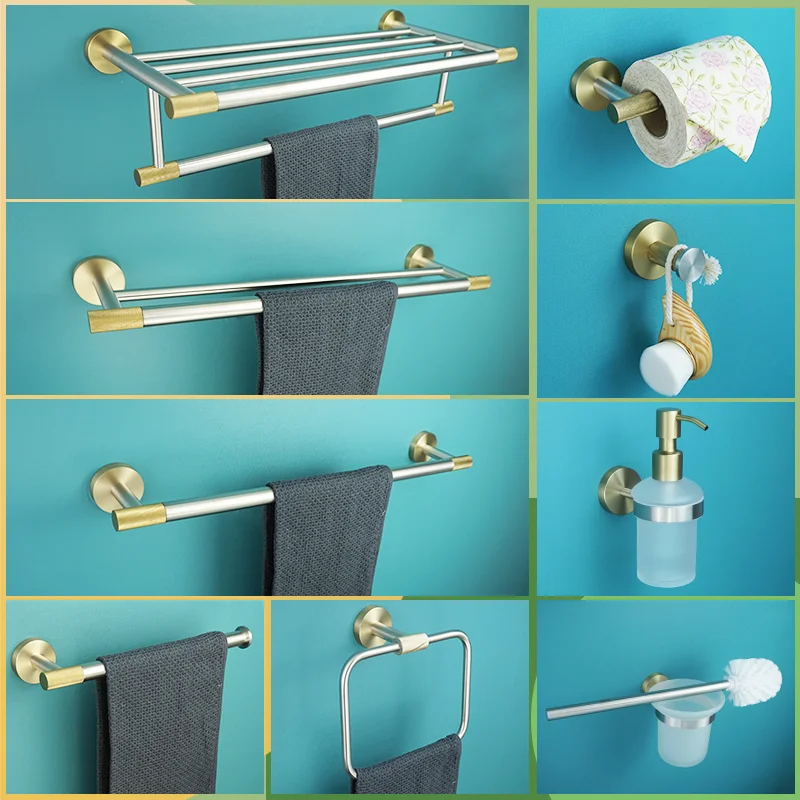 

Brushed & Brushed Gold Stainless Steel Wall Mount Clothe Hook Paper Holder Towel Bar Toilet Brush Soap Dish Bathroom Accessories