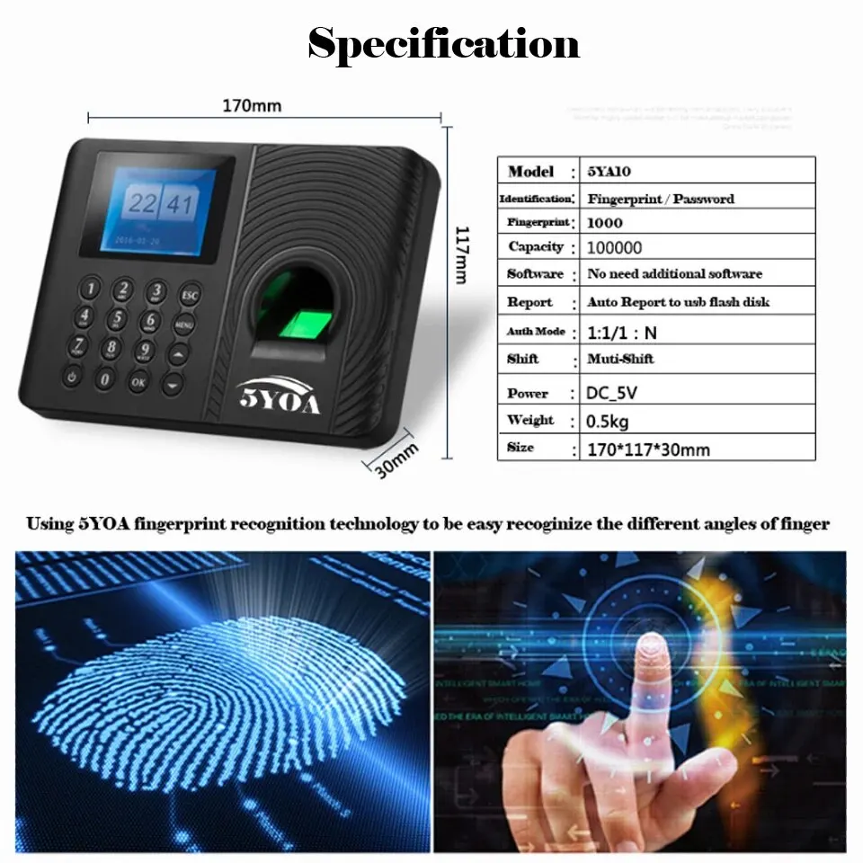 Eletrônico biométrico Fingerprint Time Recorder, gravador de relógio, dispositivo de reconhecimento do empregado, 5YOA, A10, A01