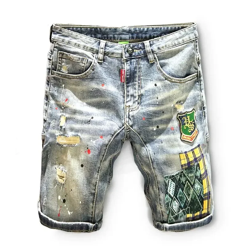 Male Denim Shorts Rude Ripped Straight Multi Color Men\'s Short Jeans Pants Streetwear Original Vintage Y2k Fashion Stretch Cut