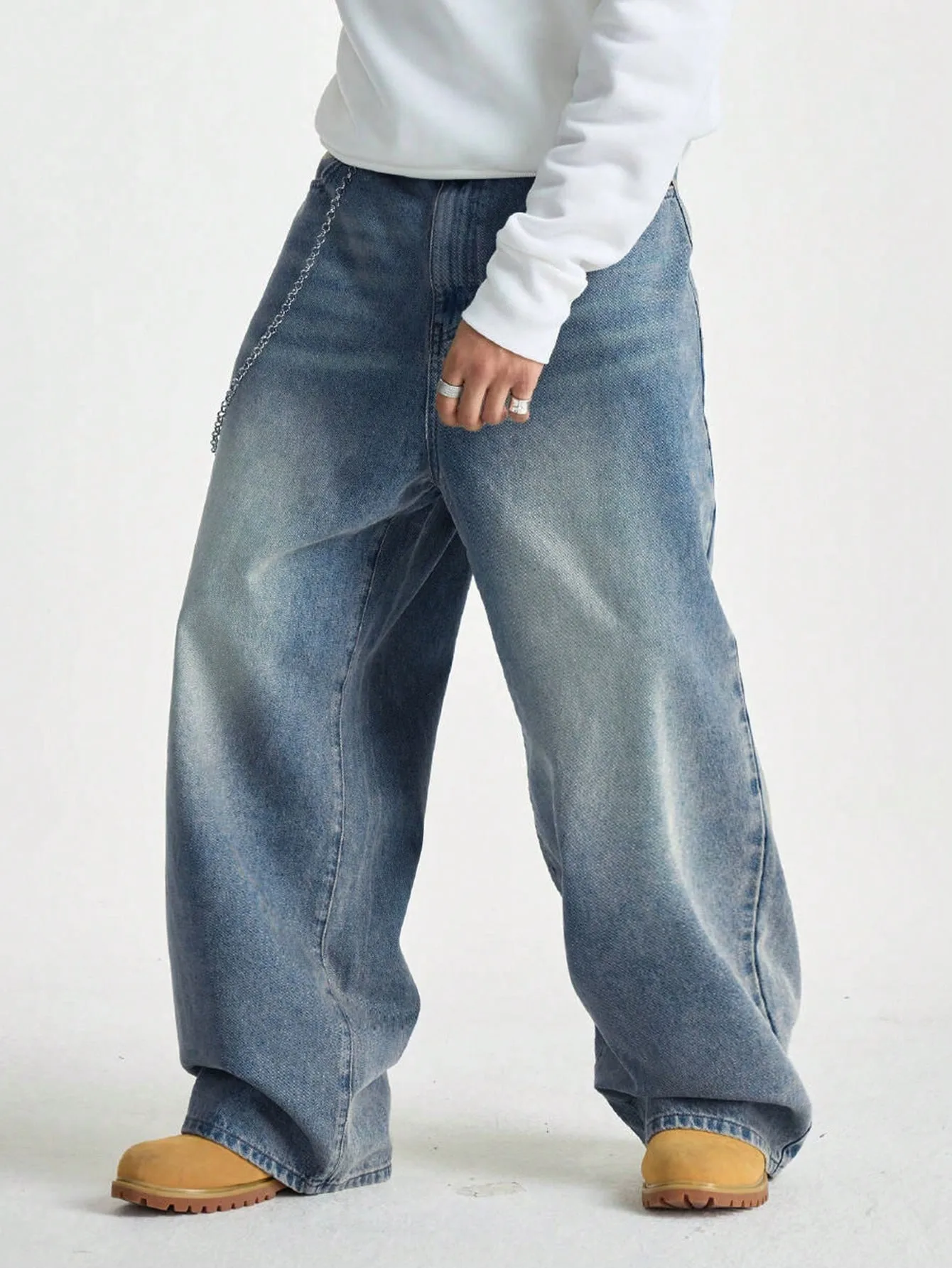 1Pc Men's Wide Pants Brushed Jeans Wide Jeans Y2K New Rocks Jeans Buggy Black Hip-Hop Pants