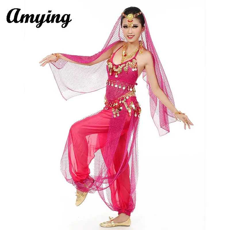 Women Belly Dance Performance Practice Training Suit Headdress+Highlights Top With Waist Chain+Pants 3-piece Set of 8 Colors