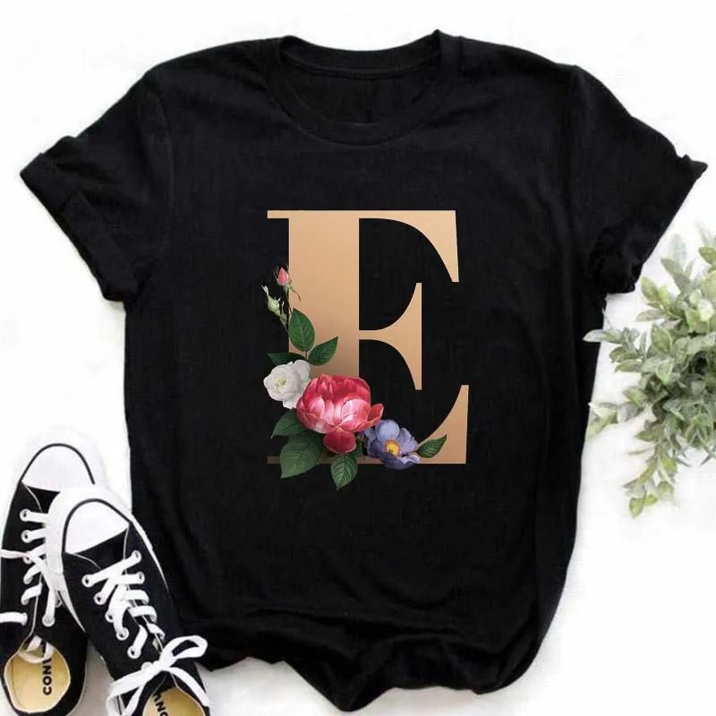 A B C D E English Alphabet Print T Shirt Women New Summer Couples Lovers Female T-Shirt Harajuku Casual Black Tops Tshirts