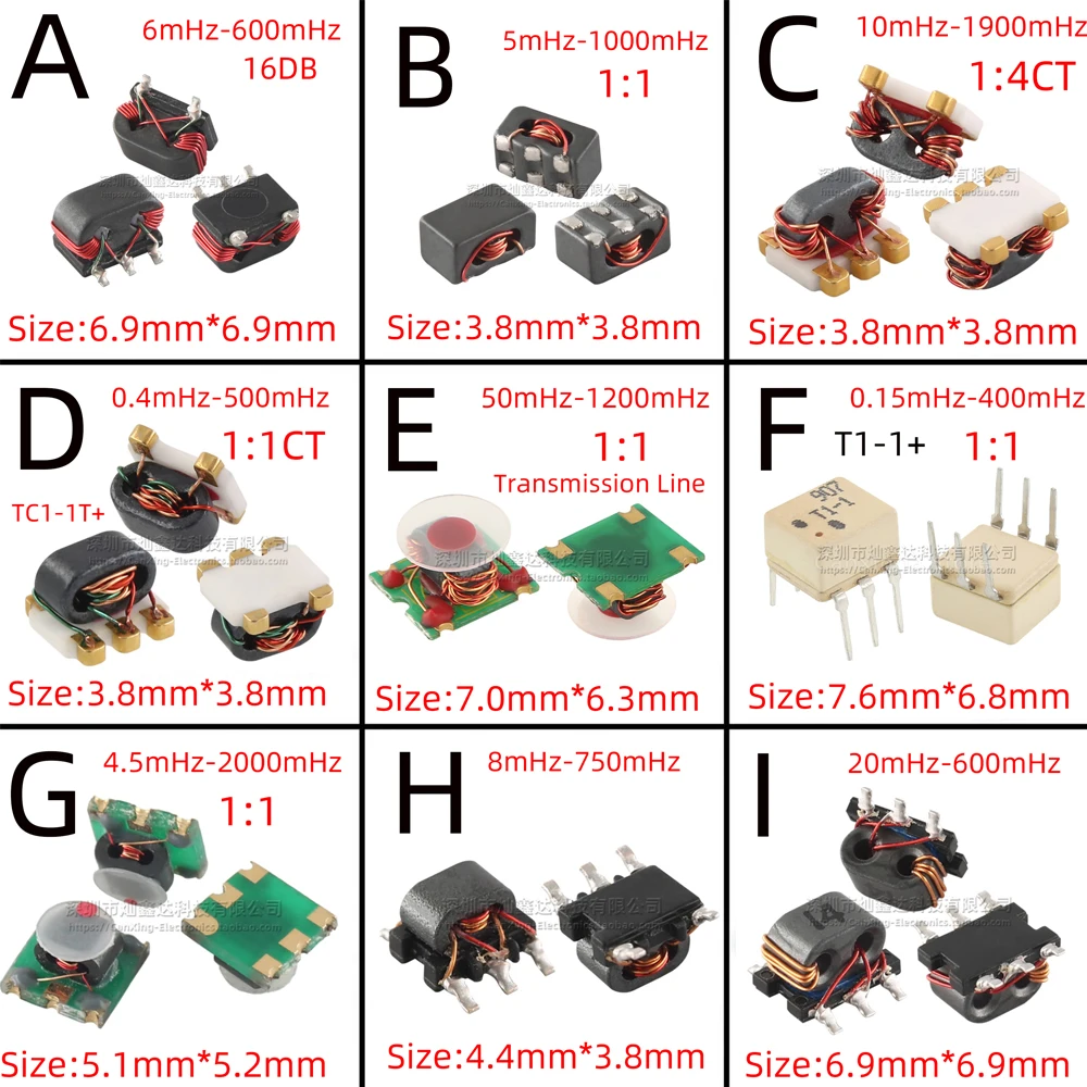 5pcs TC4-1T SMD RF Signal Balun Transformer 50Ω 0.5-300MHz 500mHz 1200mHz 1:4CT 1:4 1:1CT 1:1 Flux Coupled Balanced Unbalanced