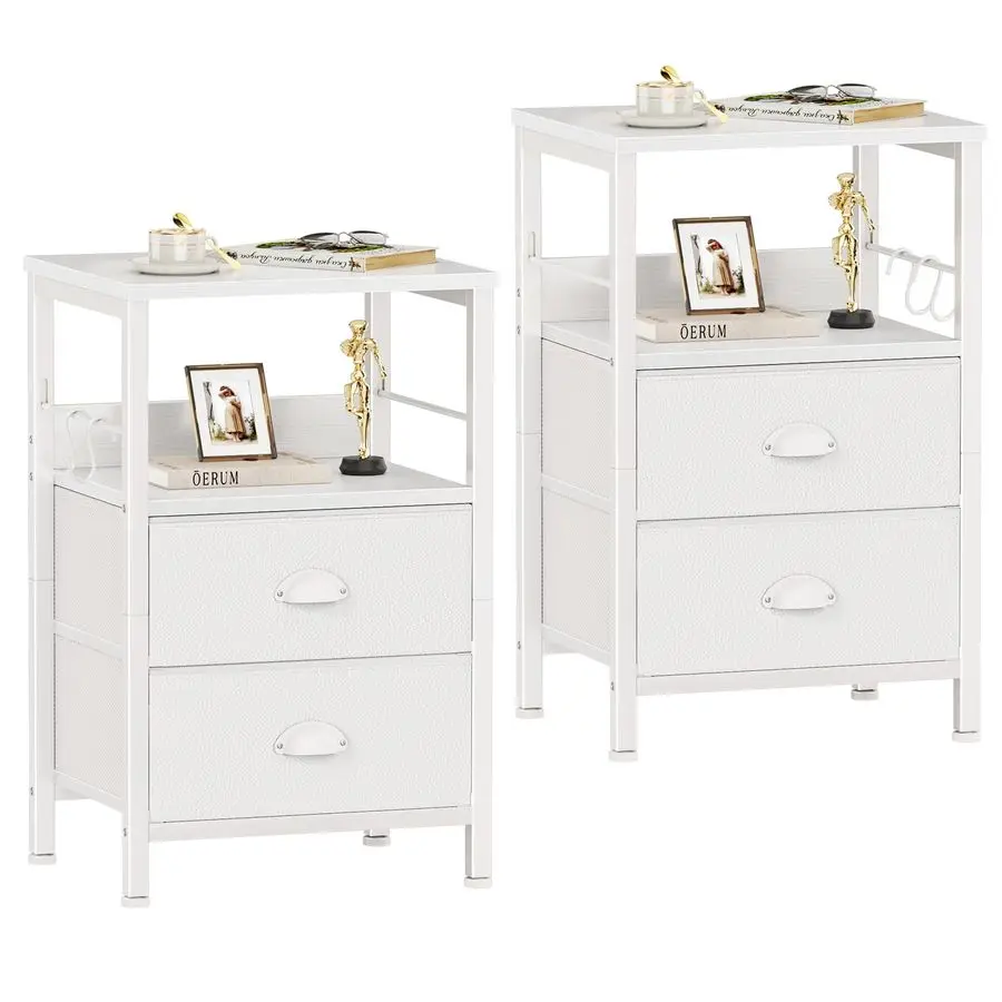 

Nightstands Set of 2, End Table with 2 Fabric Drawers, Night Stand with 2 Hooks, Open Wood Shelf Bedside Table for Bedroom Livin