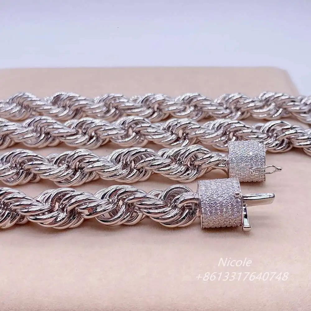 Luxury Hip Hop Wholesale Iced Out Moissanite Clasp 925 Sterling Silver Twist Necklace Diamond Cut Moissanite Rope Chain.