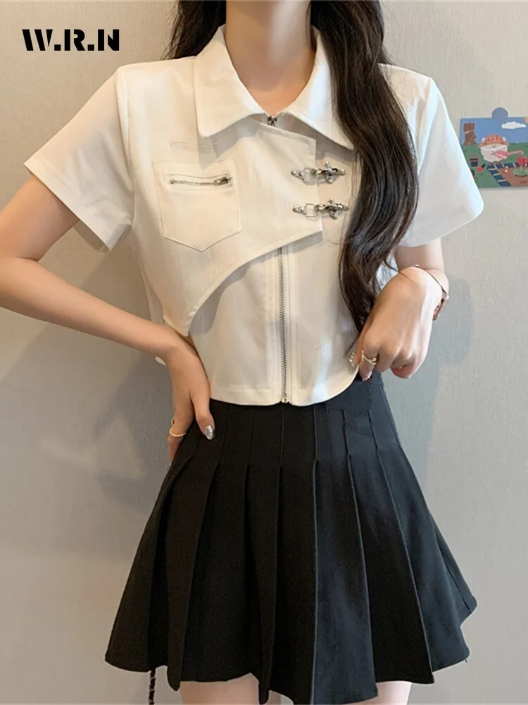 2024 Summer Casual Korean Style Turn-down Collar Zipper Blouses Women's Hotsweet Slim Fit Short Sleeve Solid Color Shirts