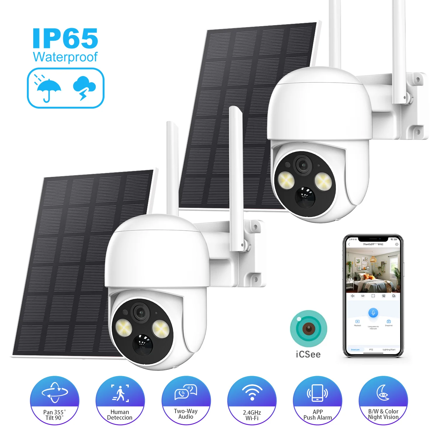 XVIM 2-Pack 5MP Câmera de segurança externa sem fio movida a energia solar IP65 à prova d'água 360 °   Áudio bidirecional de visão noturna colorida Pan/Tilt