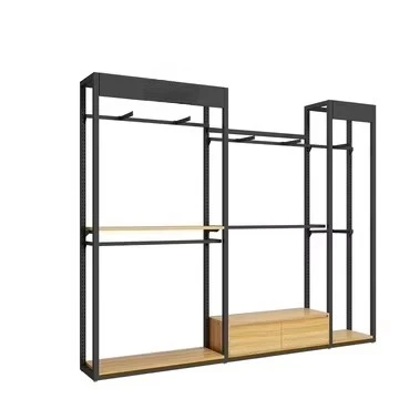 

Stand Double-Sided Retail Shop Shelf for Garment Clothing Light Duty Retail Supermarket Shelves Custom Black Metal Wood Display