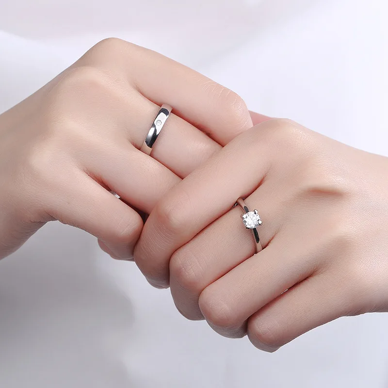 S925 Silver Classic Couple Ring Korean-style CZ Encrusted Wedding Rings For Young Men And Women Adjustable Valentine's Day