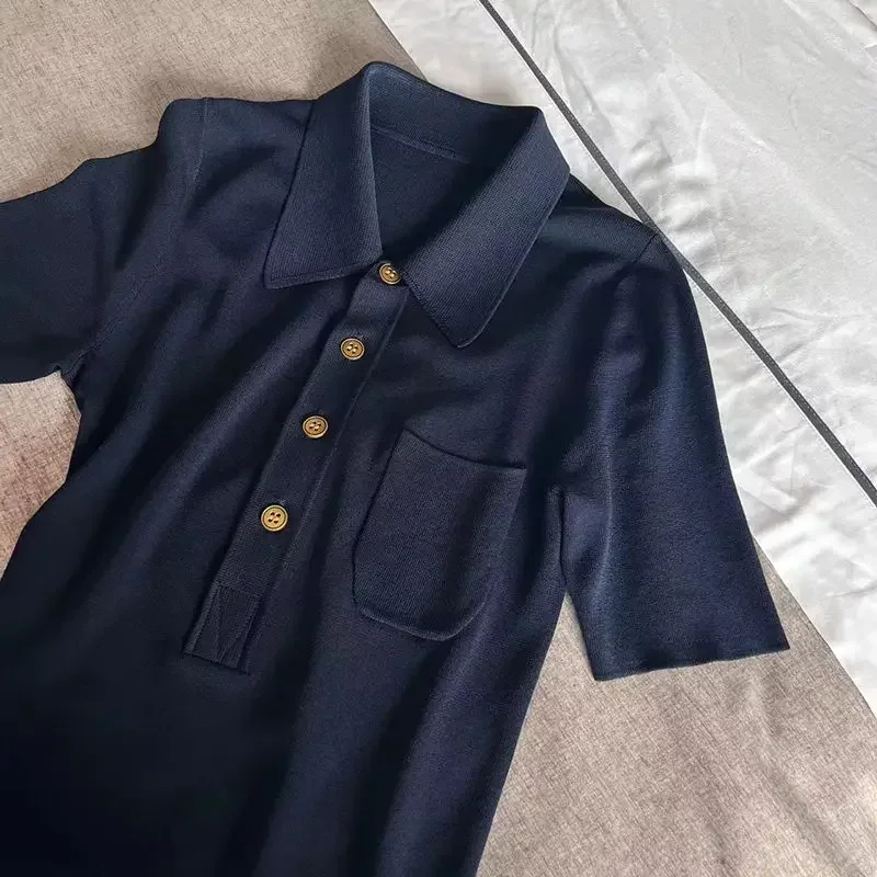 Iyundo 2024 ฤดูร้อนใหม่ผู้หญิงถักเสื้อโปโลคอสั้นแขนทั้งหมดตรงกับหญิงเสื้อยืดเกาหลีแฟชั่นสุภาพสตรีเสื้อผ้า