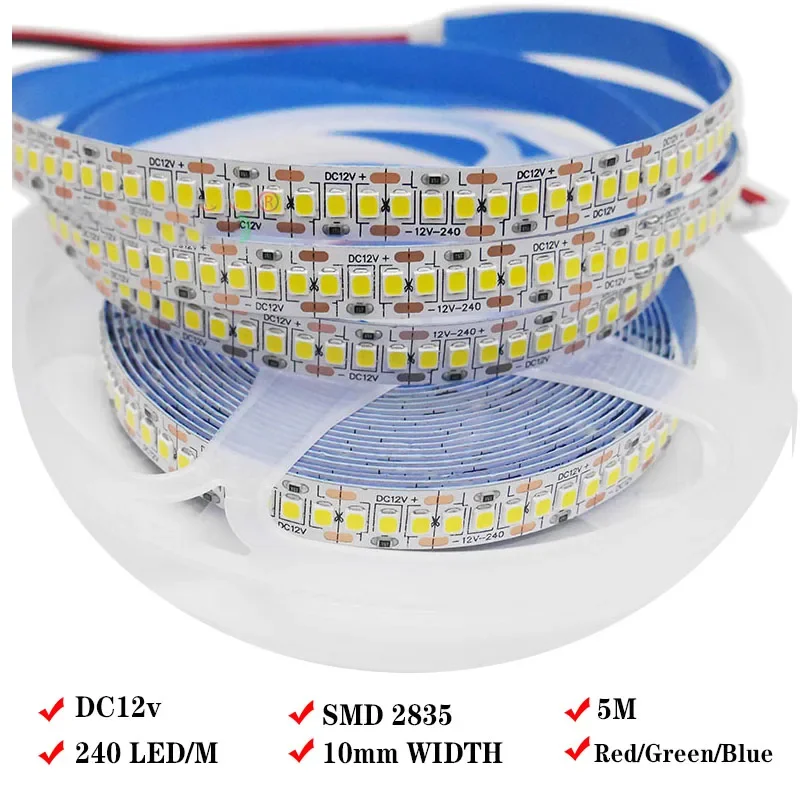 5M 240 LEDs/M DC12V 2835 SMD LED Strip Light White/Warm White/Red/Green/Blue Flexible Lamp Tape IP20/IP65