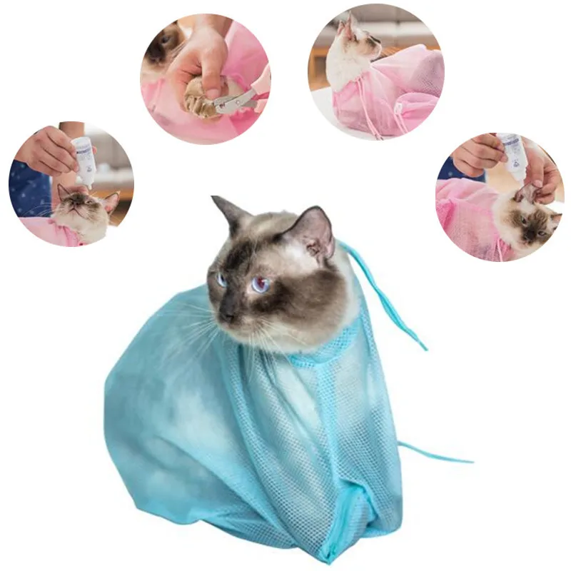 Mesh-Katzenpflege-Duschtasche, Polyester-Waschnetztaschen, verstellbare Katzen-Fesseltasche, verhindert Kratzer beim Baden, Nageltrimmen