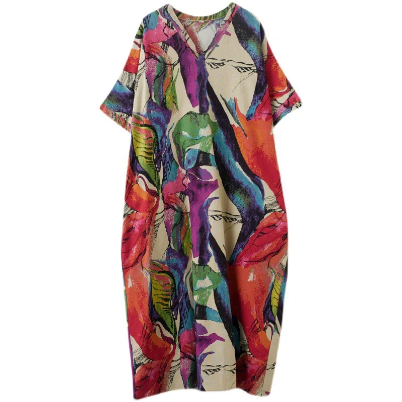 الصيف المتضخم قصيرة الأكمام القطن الكتان خمر فساتين مُزينة بنقشة الزهور المرأة عادية فضفاض ماكسي فستان صيفي طويل ملابس أنيقة