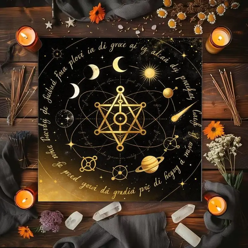 Mysterious Astrology Cute Cat Hexagram Star Moon Altar Cloth Tarot Card Tablecloth Wicka Divination Witchcraft Spiritual Decor
