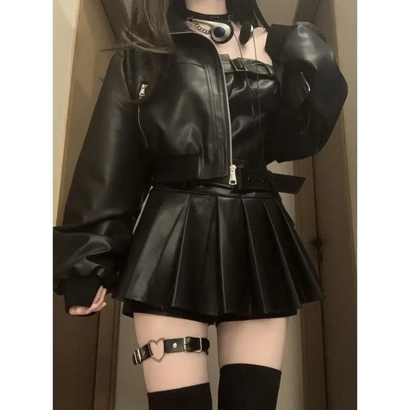 

Spring Women Y2k Leather High-waisted Camisole Dress Sexy Short Pleated Dress Long Sleeve Coat Two Pieces Set 2025 New Clothing