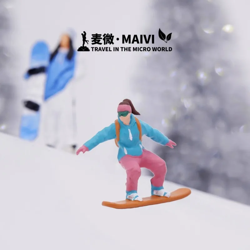 1:87 Microcosmic Prop Toys Ski Resort Action Figures Snowboarding Double-board Ski Handmade Model Miniature Decor Fairy Garden