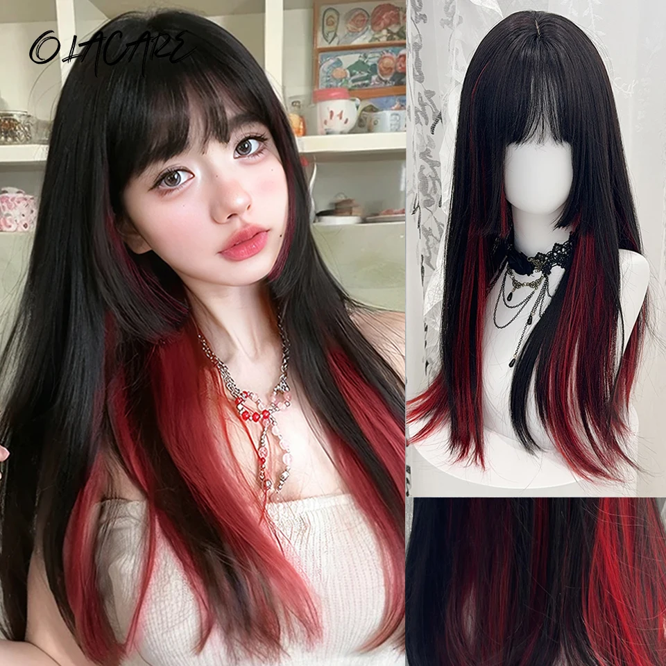 

OLACARE Long Wavy Synthetic Black Red Omber Wigs with Bangs Cosplay Hairs Wig for Women Daily Natural Heat Resistant