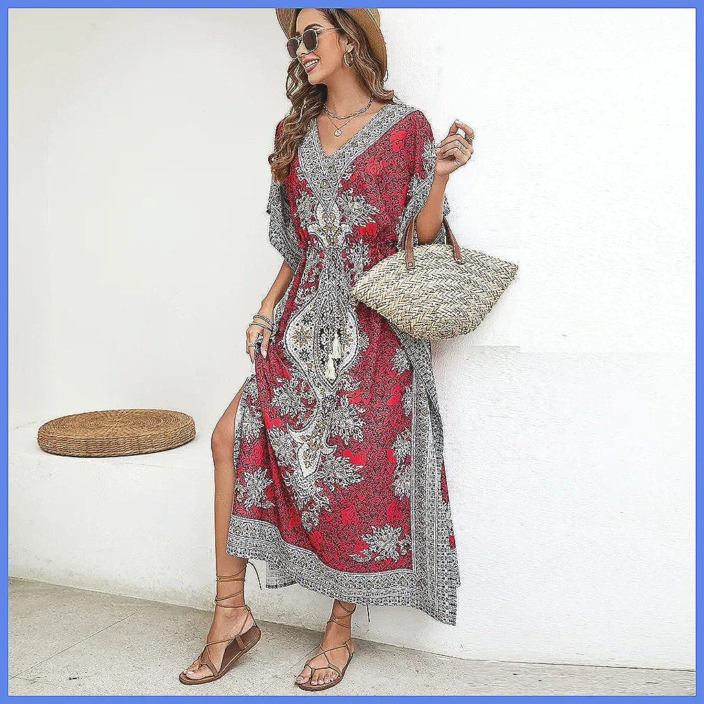 Abito Copricostume Bohemien Lungo con Scollo a V, Vestito Ampio Protettivo Solare da Donna